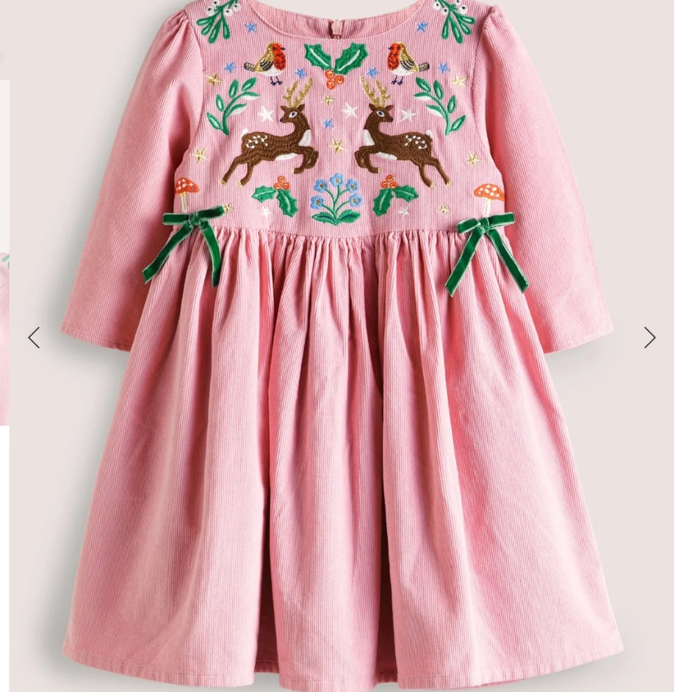 BODEN Pink Reindeer Corduroy Embroidered Christmas Party Dress 6-7 Y